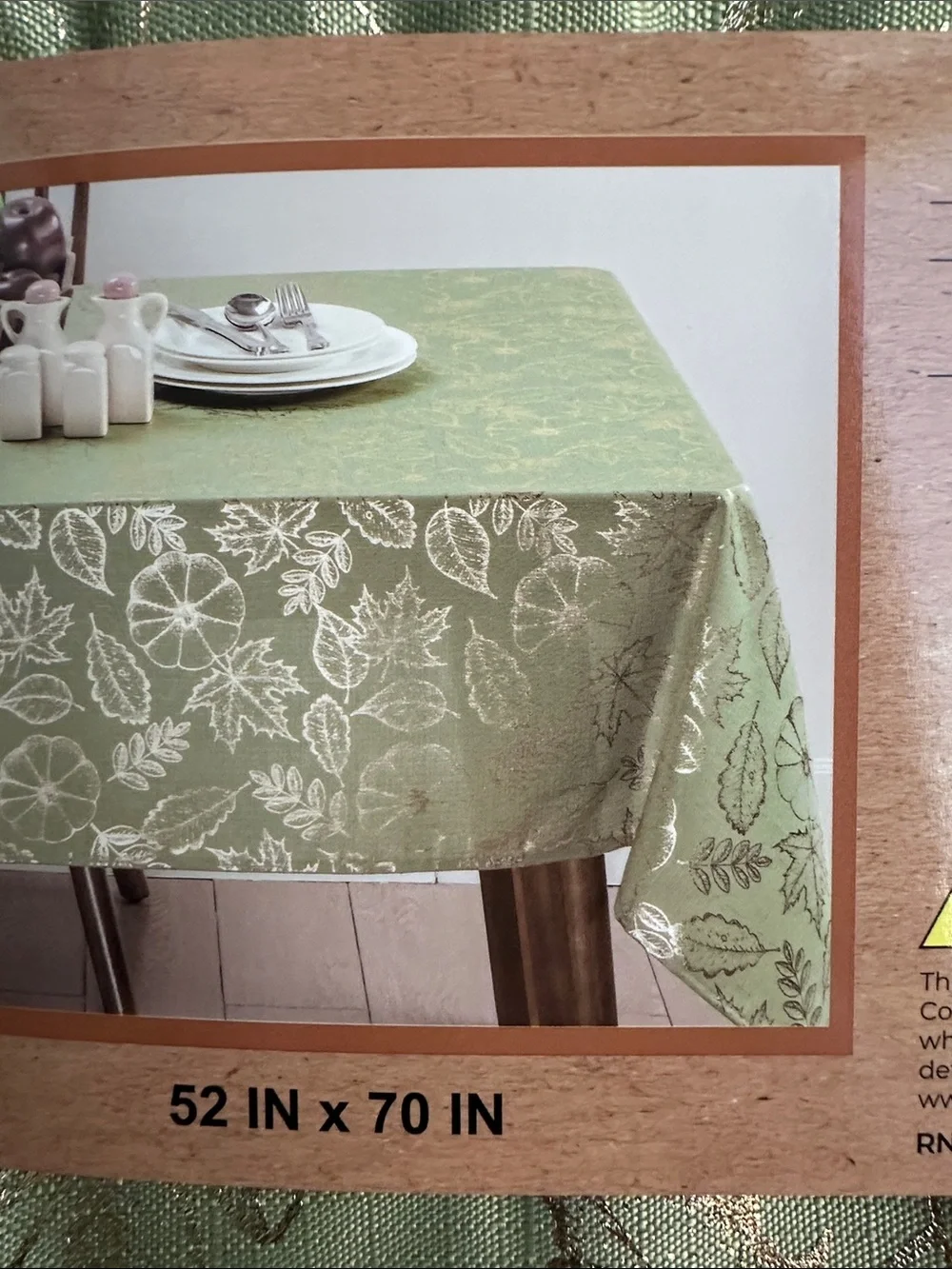 Metallic Leaf Print Fall Tablecloth Green/Gold Floral Accents - Home Dining